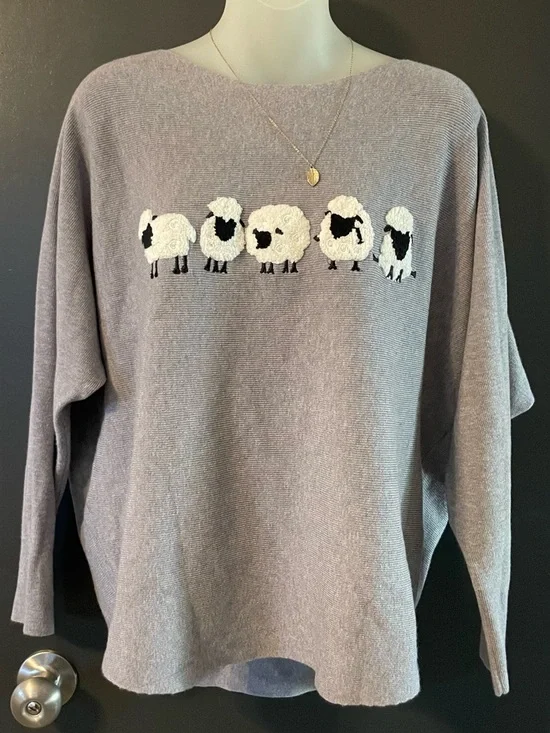 Aaeda Sheep Appliqué Sweater Gray Dolman Sleeve Knit Top Size Large Cozy Cute - Picture 2 of 8